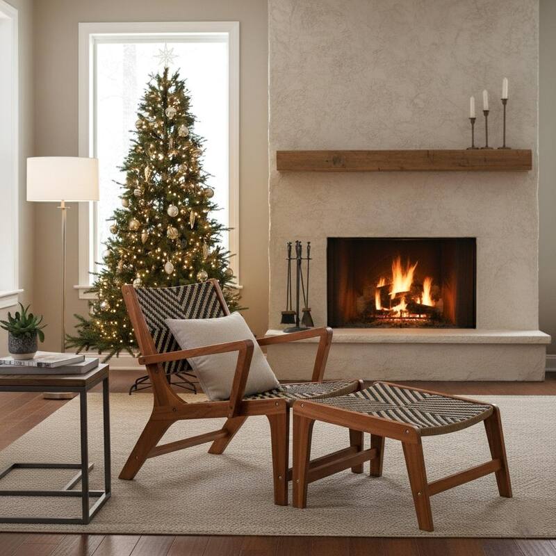 M4H Sevilla Brown Solid Acacia Wood Patio Lounge Chair with Ottoman