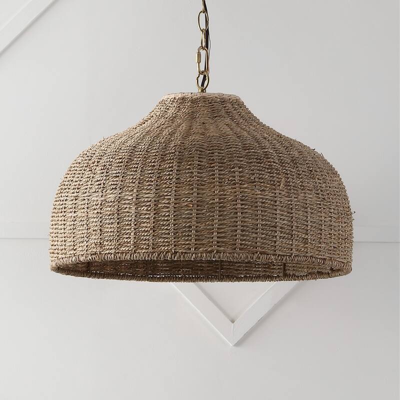 Lacey 20" 1-Light Coastal Bohemian Rattan/Iron Dome LED Pendant, Brown/Brass Gold by JONATHAN Y