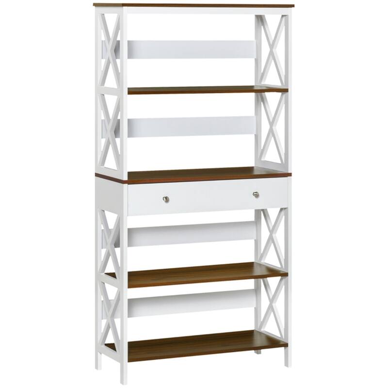 Freestanding 4 Tier Modern Walnut White Bookshelf with Storage Drawer for Living Room or Office - 31.5" W x 11.75" D x 59.75" H