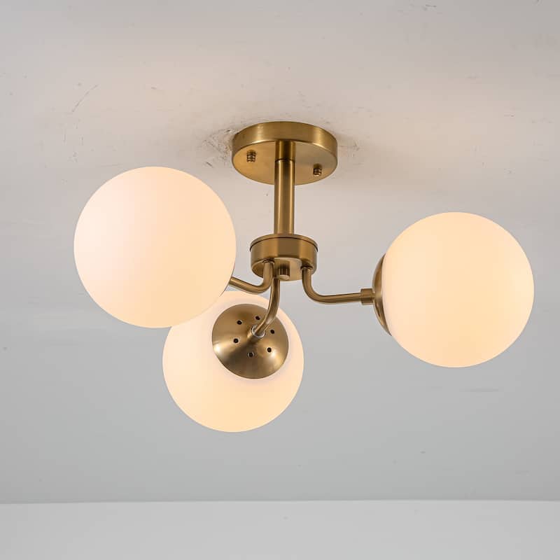 23.2" W 3-Light Bohemian Farmhouse Gold/White Sputnik Frosted Opal Bubble Glass Semi-Flush Mount Ceiling Light