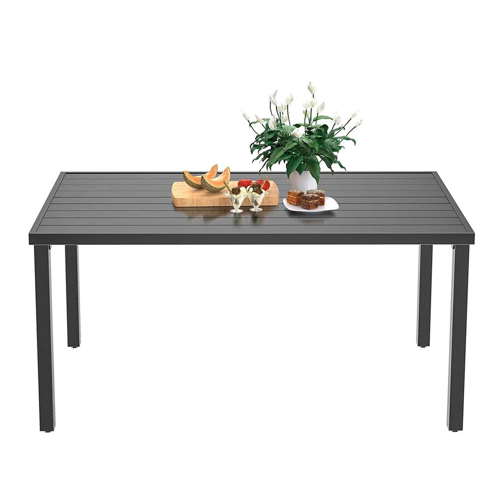 60" Outdoor Patio Black Matte Steel Top Metal Rectangular Dining Table with Umbrella Hole