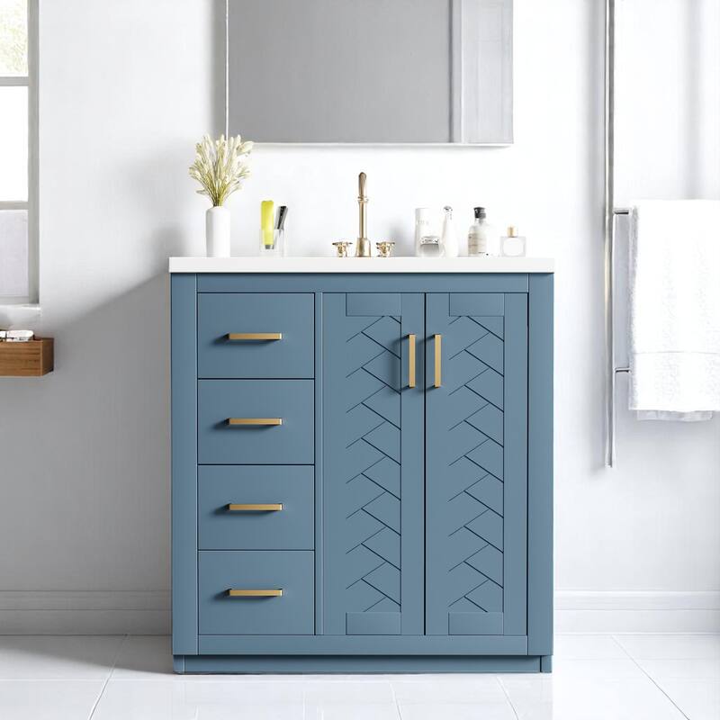 30'' Bathroom Vanity with Sink, Solid Wood Frame, 3 Drawers & 2 Soft-Close Doors, Freestanding Cabinet - Indigo