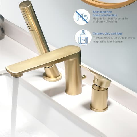Deck Mounted Bathroom Faucet Widespread with Handheld Showerhead in Black and Gold