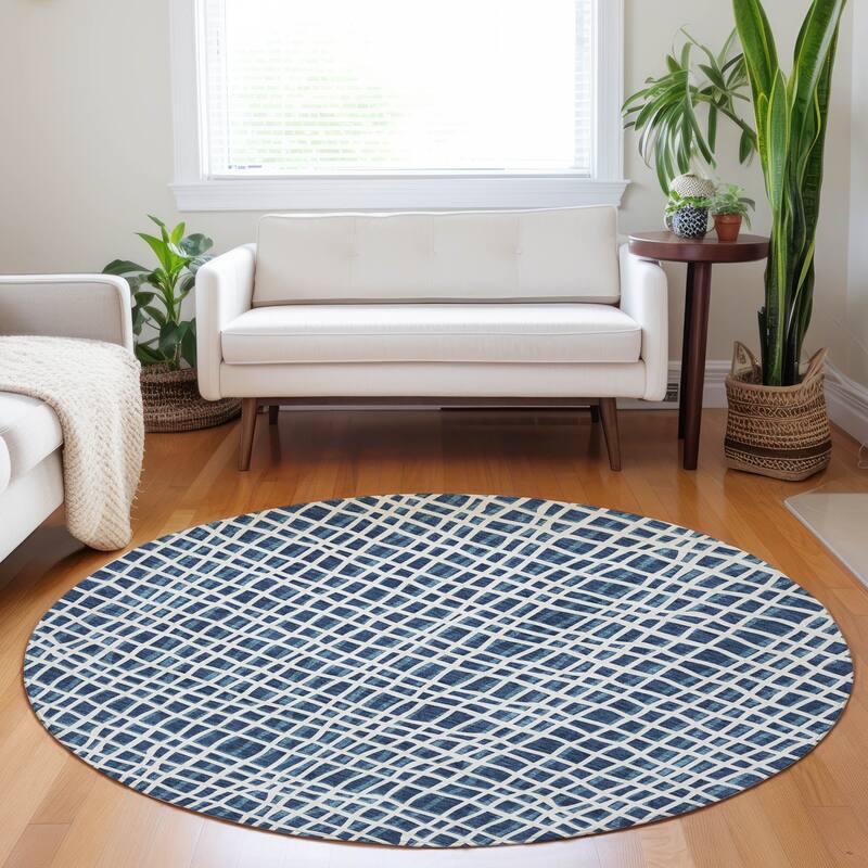 Premium Washable Super Soft Modern Lines Mayfield Rug - Navy - 8' x 8' - Round