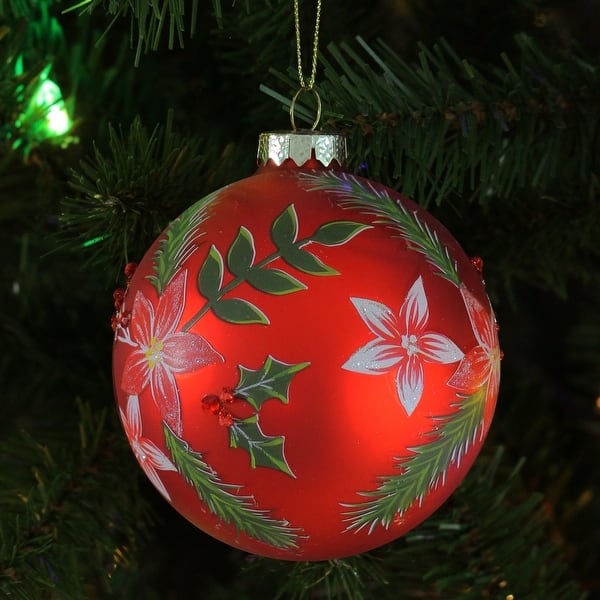 Shop Red Poinsettia And Jewel Holly Glass Christmas Ball Ornament 4 101mm Overstock 29857913