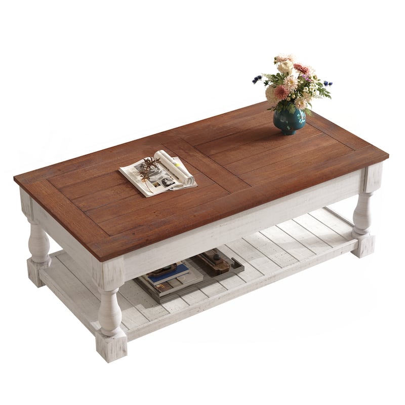 Farmhouse Lift Top Coffee Table with Fixed Shelf - 3 Hidden Storage Trays