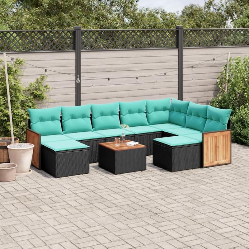 vidaXL 9 Piece Patio Sofa Set with Cushions Black Poly Rattan - 24.4x27.2x24.4-With table