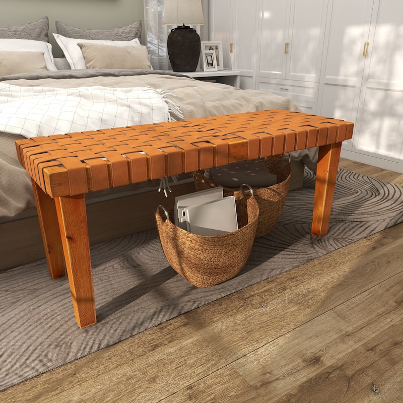 Brown Wood Woven Bench