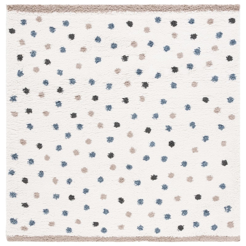 SAFAVIEH, Calico Shag Ruhama Polka Dot 1.6-inch Thick Rug - 3' Square - Ivory/Taupe