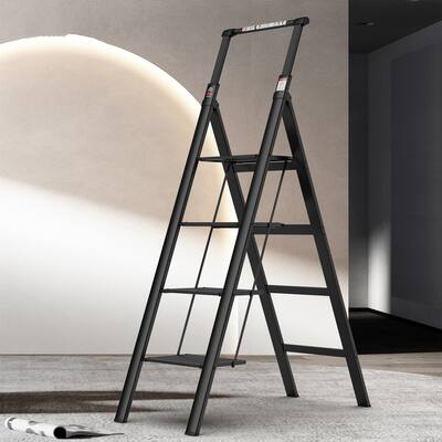 Retractable Handgrip Folding 4 Step Ladder with Anti-Slip Wide Pedal