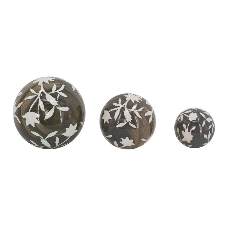 Floral and Leaf Orb Decorations - 5" - Brown and White - Set of 3