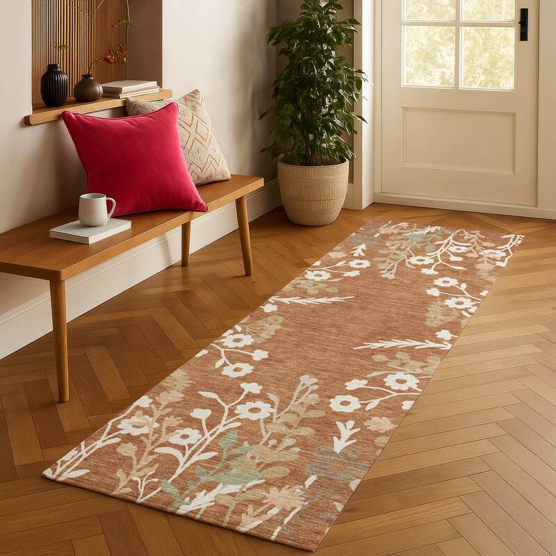 Machine Washable Indoor/ Outdoor Floral Border Chantille Rug