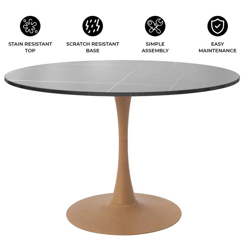 Bristol 40" Round Dining Table with Sintered Stone Top and Natural Wood Steel Pedestal Base for Modern Kitchen and Dining Room