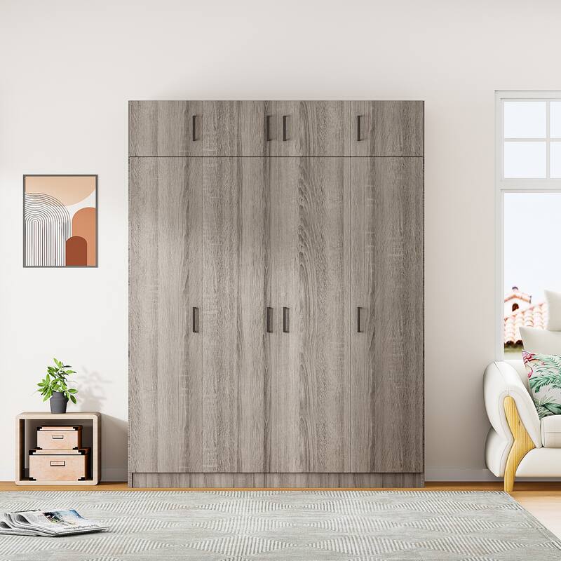 4-Door Wardrobe Armoire with Drawer and Overhead Cabinet Clothes Storage Cabinet for Bedroom