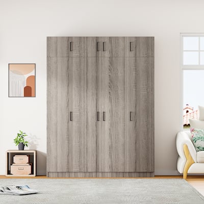 4-Door Wardrobe Gray Hanging Armoires with Hanging Rail & Top Cabinet