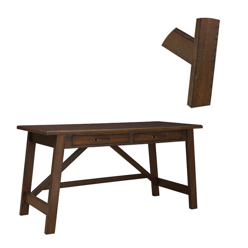 Two Drawers Wooden Desk with Cross Stretcher Brace Design, Large, Brown
