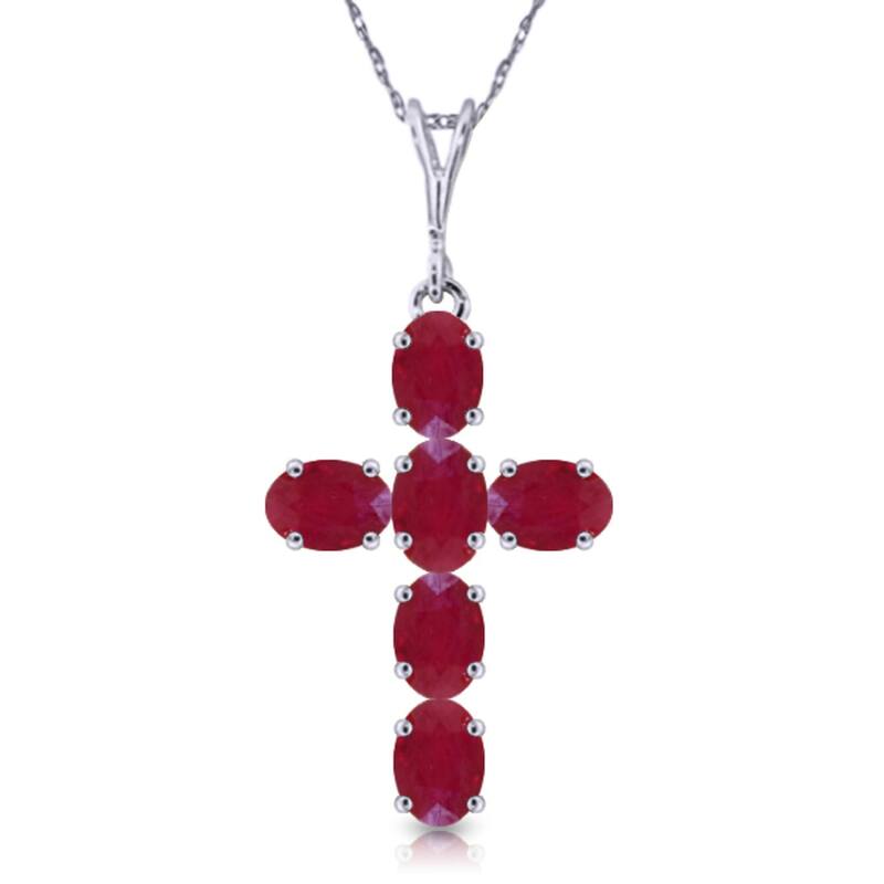 1.5 Carat 14K Solid Gold Cross Gemstone Necklace Natural Ruby - 16 Inch - White