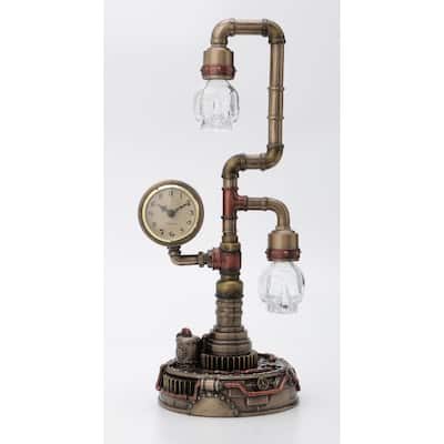 Veronese Design 14.8" H STEAMPUNK PIPEWORK CLOCK STAND WITH SKULL BULB (LED) Cold Cast Bronze and Glass