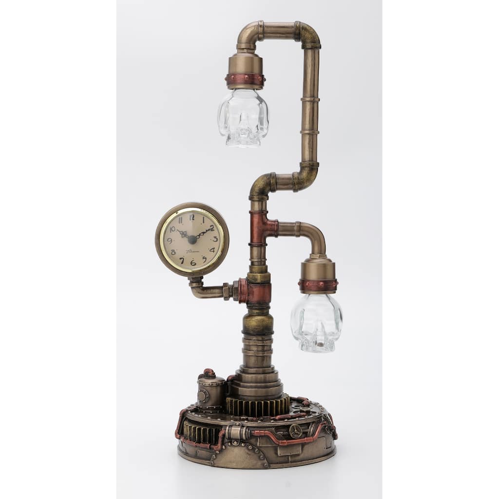 Veronese Design 14.8" H STEAMPUNK PIPEWORK CLOCK STAND WITH SKULL BULB (LED) Cold Cast Bronze and Glass