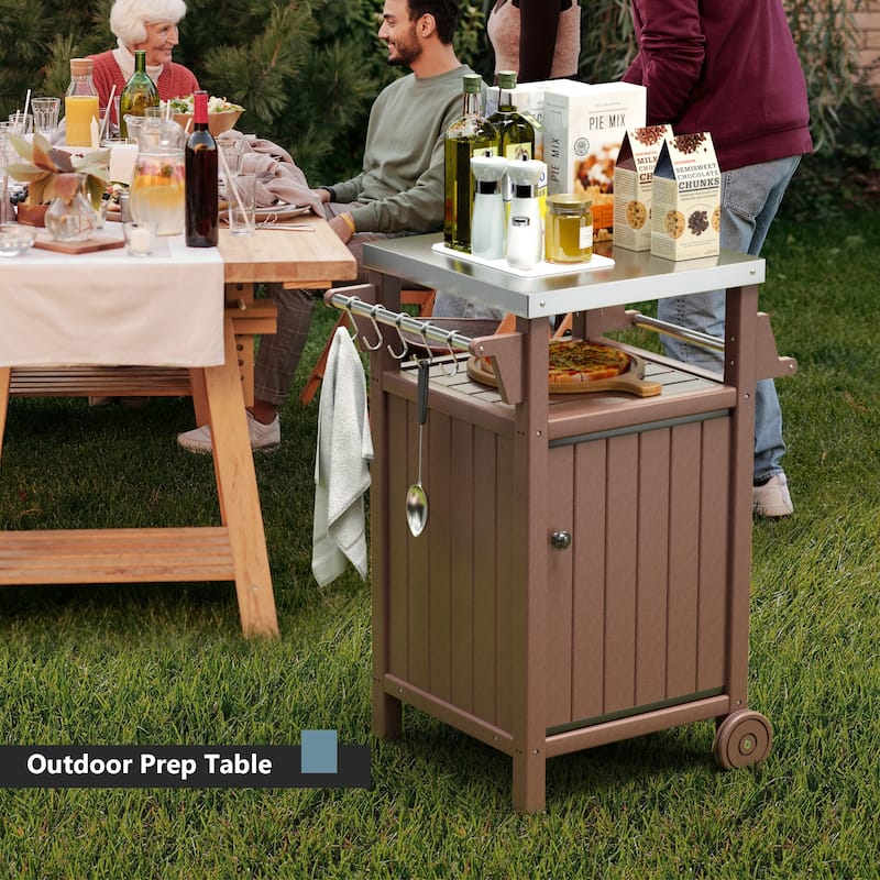Barbecue/Grill Side Table Trolley, Outdoor Prep Dining Table Serving Cart with 304 Stainless Steel Top-HDPE - N/A