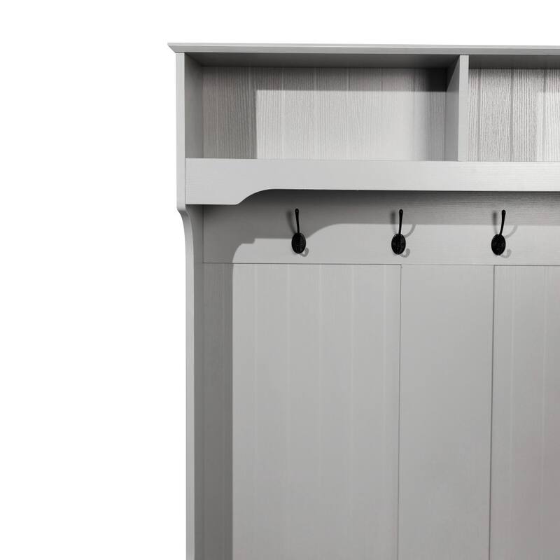 Hall Tree with Storage Bench, Upper Cubbies and 4 Double Coat Hooks - 18.5"D x 39.25"W x 65"H