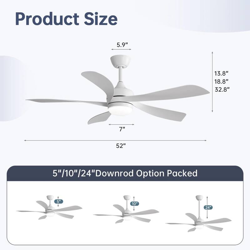 52" Downrod Ceiling Fan with Light and Remote,Reversible DC Motor,for Living Room Bedroom Patio - 52 Inches