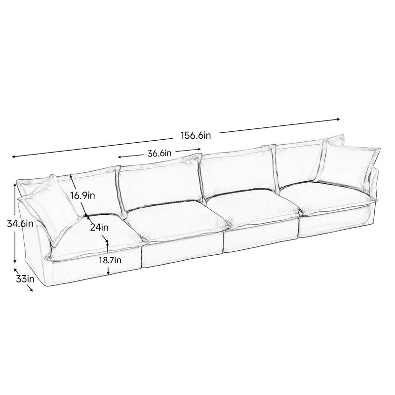 Modern 4 Seater Upholstered Sofa with 1 Ottoman and 2 Pillows