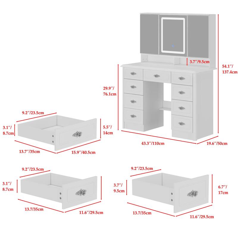 White Makeup Vanity Desk with LED Mirror, 9-Drawer Vanity Table with Storage Cabinets for Bedroom