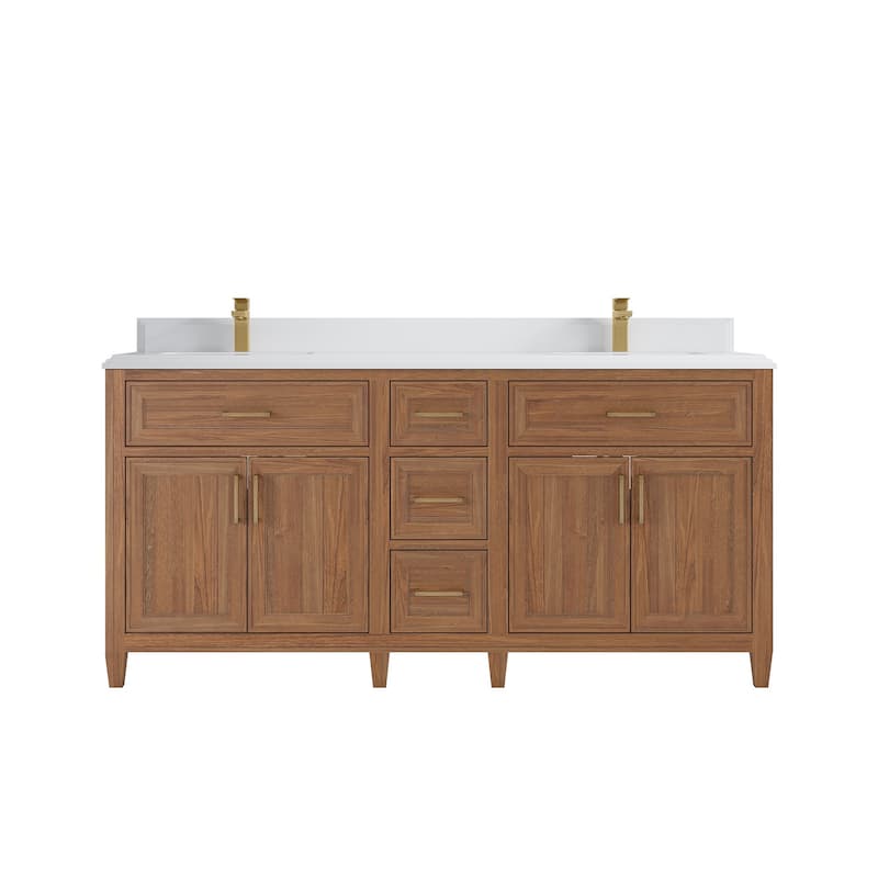 Willow Collections 72 in. W x 22 in. D Santa Monica Teak Double Sink Bathroom Vanity with Countertop - 1.5”White Quartz - Dark Natural