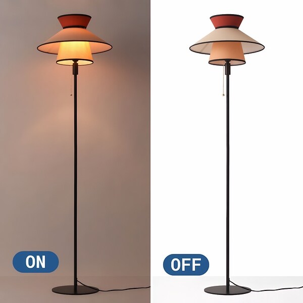 Mid-century Modern Floor Lamp With Fabric Dual Shade, Pull Chain
