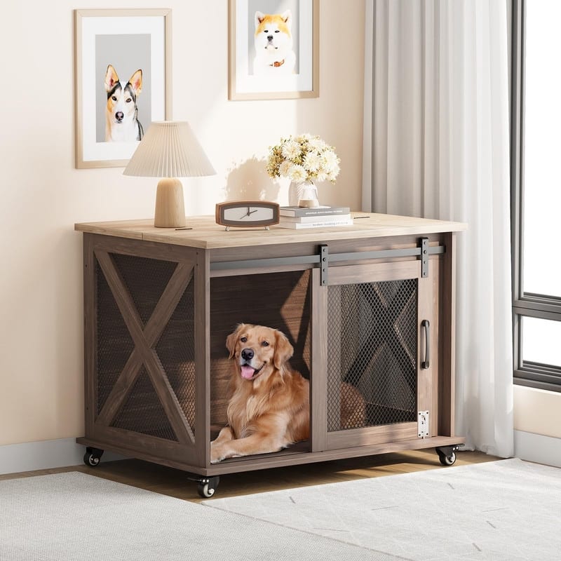 Large Wooden Dog Crate Kennel Furniture Side End Table with Flip Top and Movable Divider - Brown
