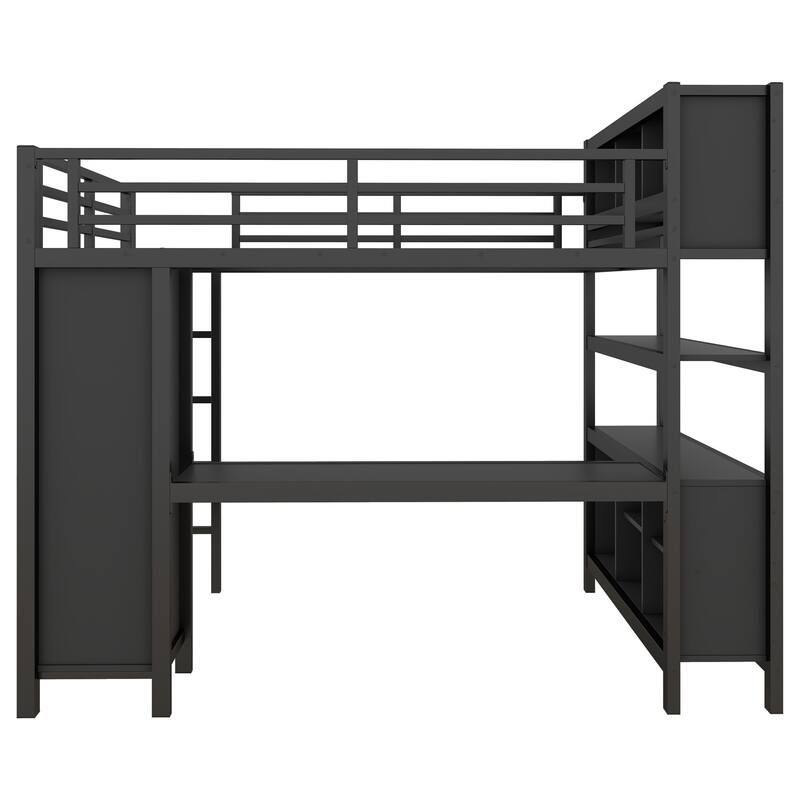 Full Size Metal Loft Bed with Wardrobe, L-Shaped Desk, Storage Cubes and Shelves
