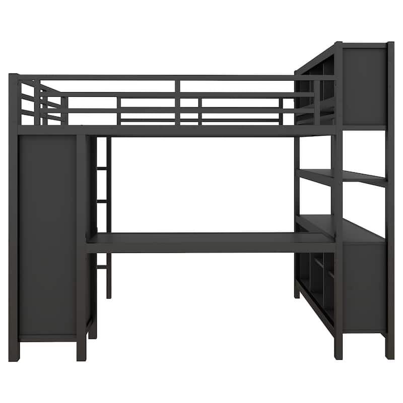 Full Size Metal Loft Bed with Wardrobe, L-shaped Desk, and Storage Shelves for Kids, Teens, and Adults, Black