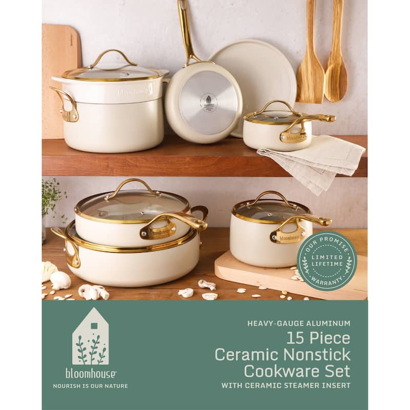 Bloomhouse 15 Piece Pots and Pans Heavy Duty Aluminum Premium PFA Free Ceramic Nonstick - Almond Cream with Gold Handle