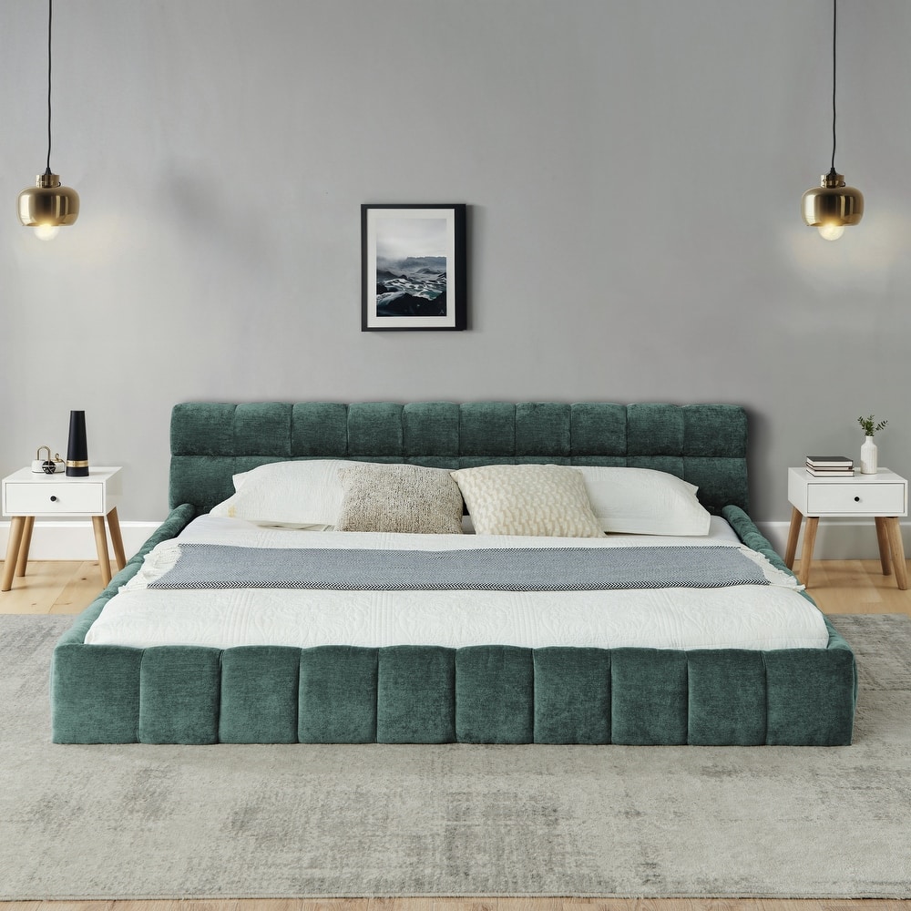 Modern Soft Chenille California King Size Platform Bed Frame with Headboard, Upholstered California King Bed with Wood Slat