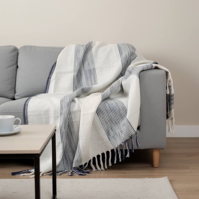 HomeRoots 50" X 60" Blue And Ivory Cotton Woven Striped Throw Blanket with Fringe - Throw - Blue/Ivory