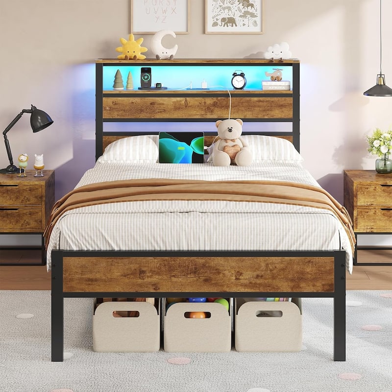 LED Bed Frame with 2 Tier Storage Headboard & Charging Station - Twin