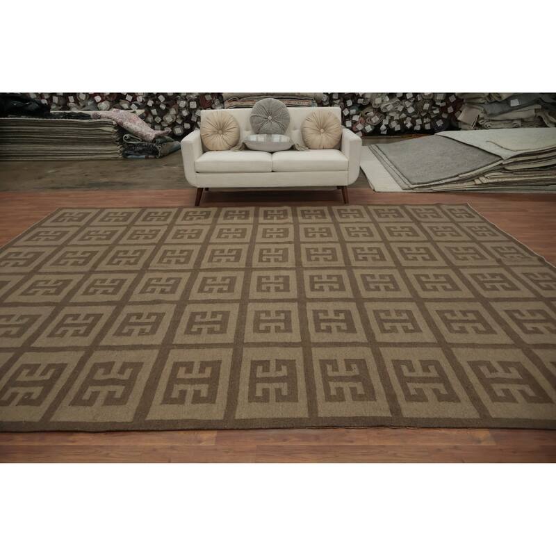 Hand Woven Oriental 100% Wool Carpet Southwestern Tribal Brown Kilim Area Rug - 12' 9'' X 9' 9''
