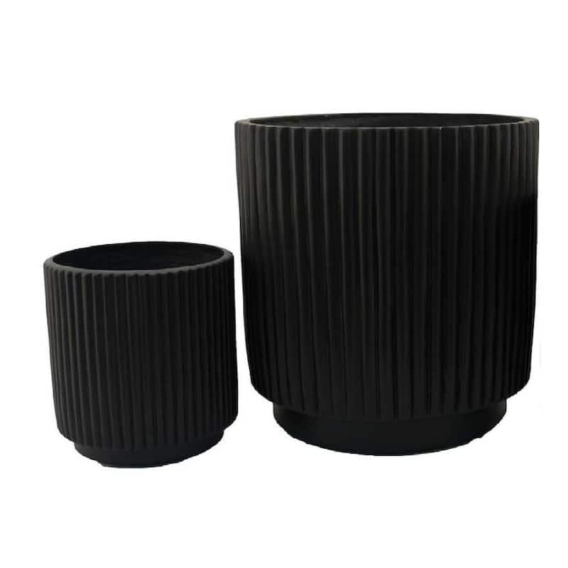 Elly Round Planter Set of 3, Ribbed Texture Black Resin, 16,12,9 Inch