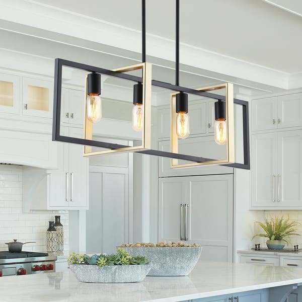 Modern 4-Light Matte Black and Gold Kitchen Island Linear Chandelier for Dining Room - 35.5-in L ...