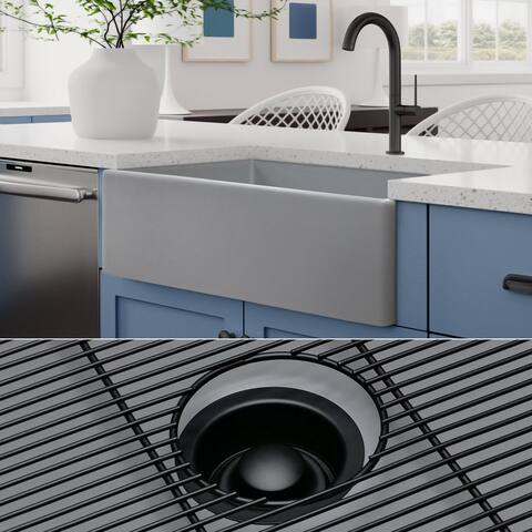 Fossil Blu 33-Inch SOLID Fireclay Farmhouse Sink, Matte Gray, Matte Black Accessories, Flat Front - 33 x 20 x 10