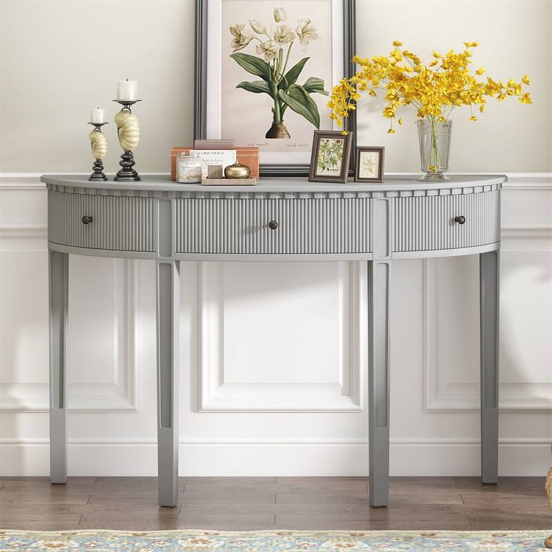 Curve Design Console Table with 3 Storage Drawers, Modern Entryway Table Sofa Table with Vertical Stripe Design and 4 Legs - Antique White