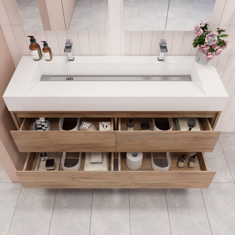 Victoria 60" Wall Mounted Modern Vanity with Double Acrylic Sink