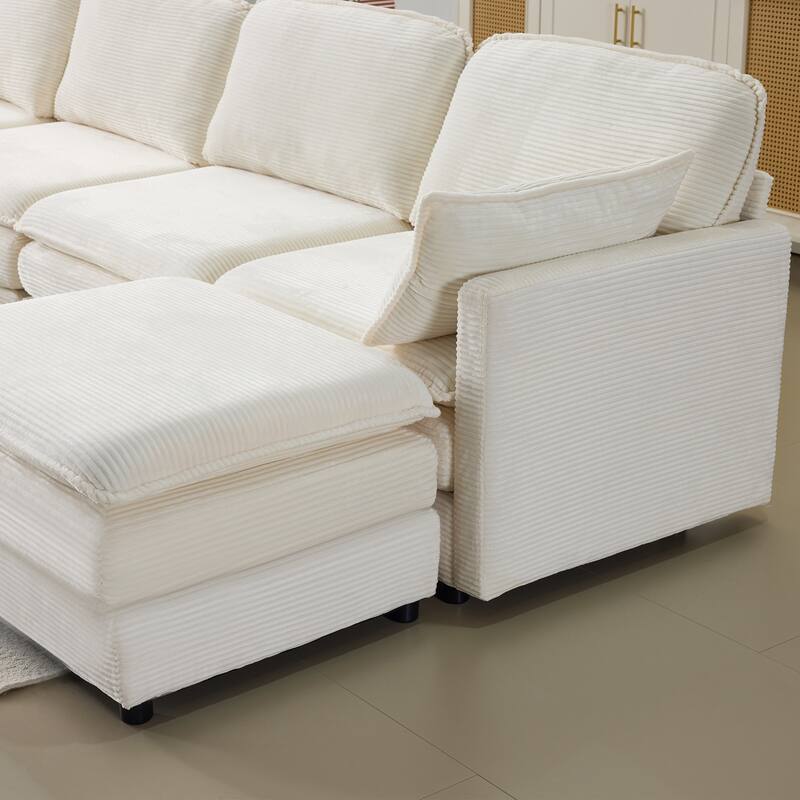 U-Shaped Modular Sectional Sofa with 2 Ottomans, Oversized Corduroy Upholstered Cloud Sofa, 4-Seater Sofa with 2 Throw Pillows