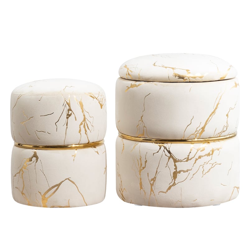 Round Ottoman Set of 2 with Storage,Sherpa Vanity Stool,Multifunctional Ottomans with Removable Lid, Foot Rest
