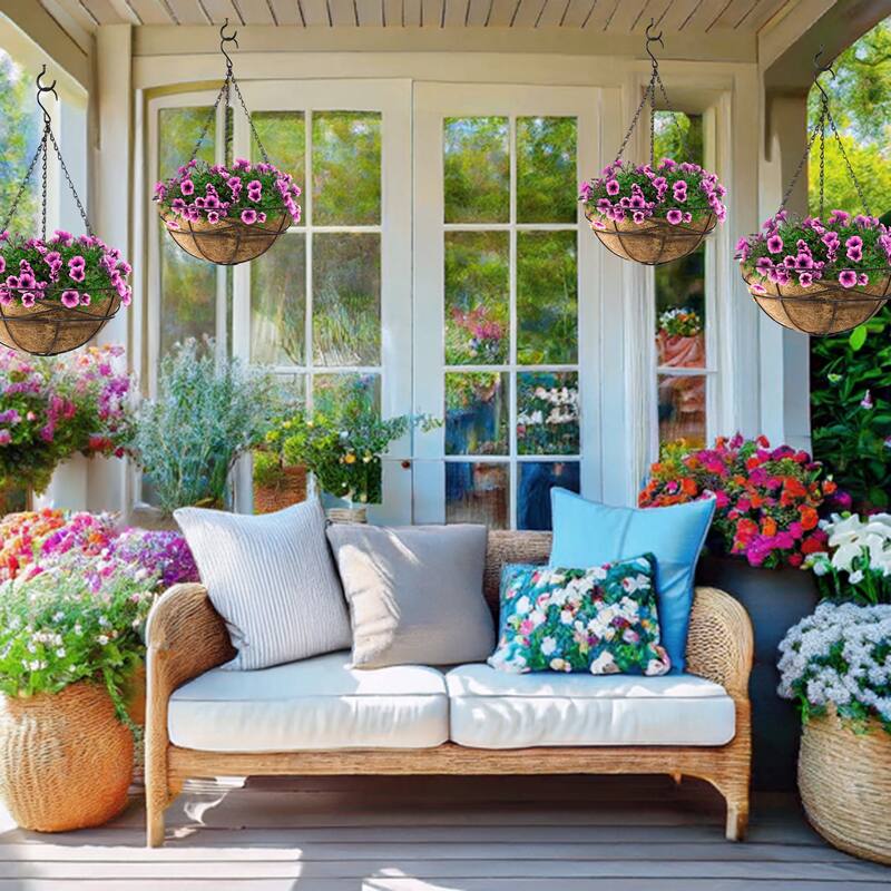 4 Pack Metal Hanging Planter Basket Huge 14 Inch Hanging Flower Pot Basket & Coco Coir Liner for Indoor/Outdoor Garden