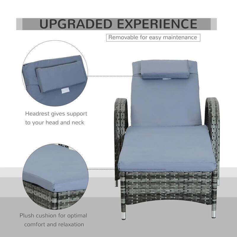 Wicker Chaise Lounge Chair with Adjustable Rattan Recliner, Cushion