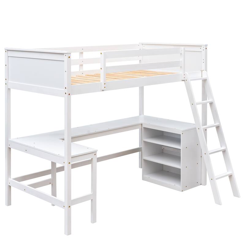 Wood Twin Loft Bed with Desk and Shelves