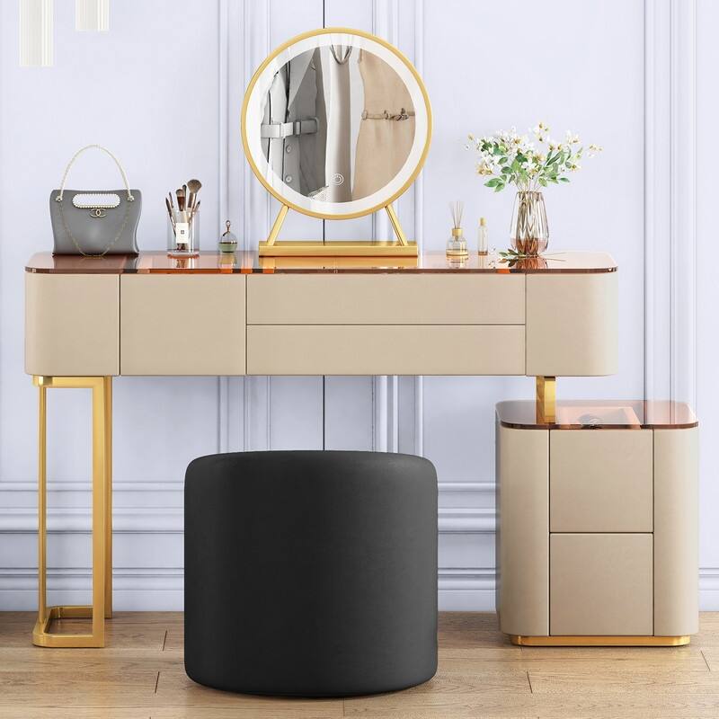 Mixoy Luxury Dressing Table Set with Touch Screen Mirror and Stool,Small Makeup Vanity Table with 5 Drawers Storage