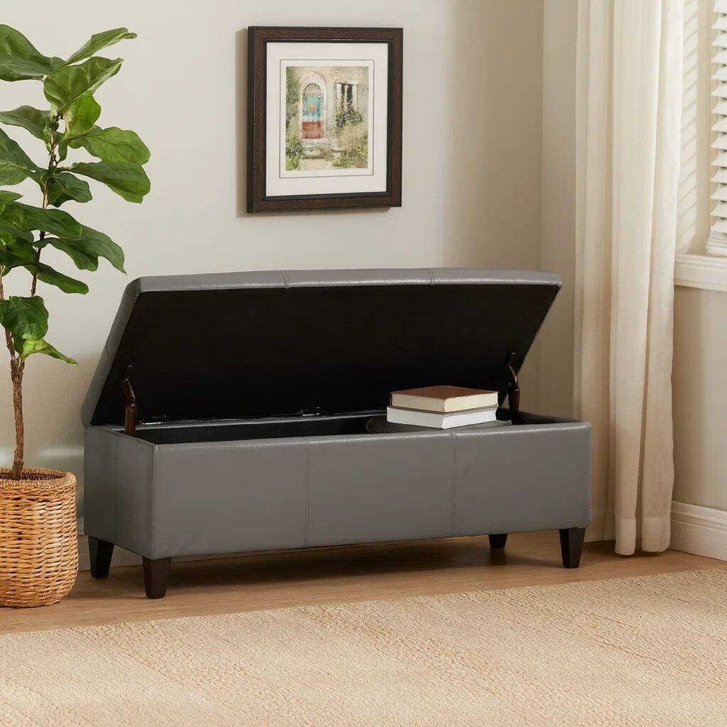 Elias Storage Ottoman Bench, Gray Faux Leather, Stitch Detail, 51 Inch